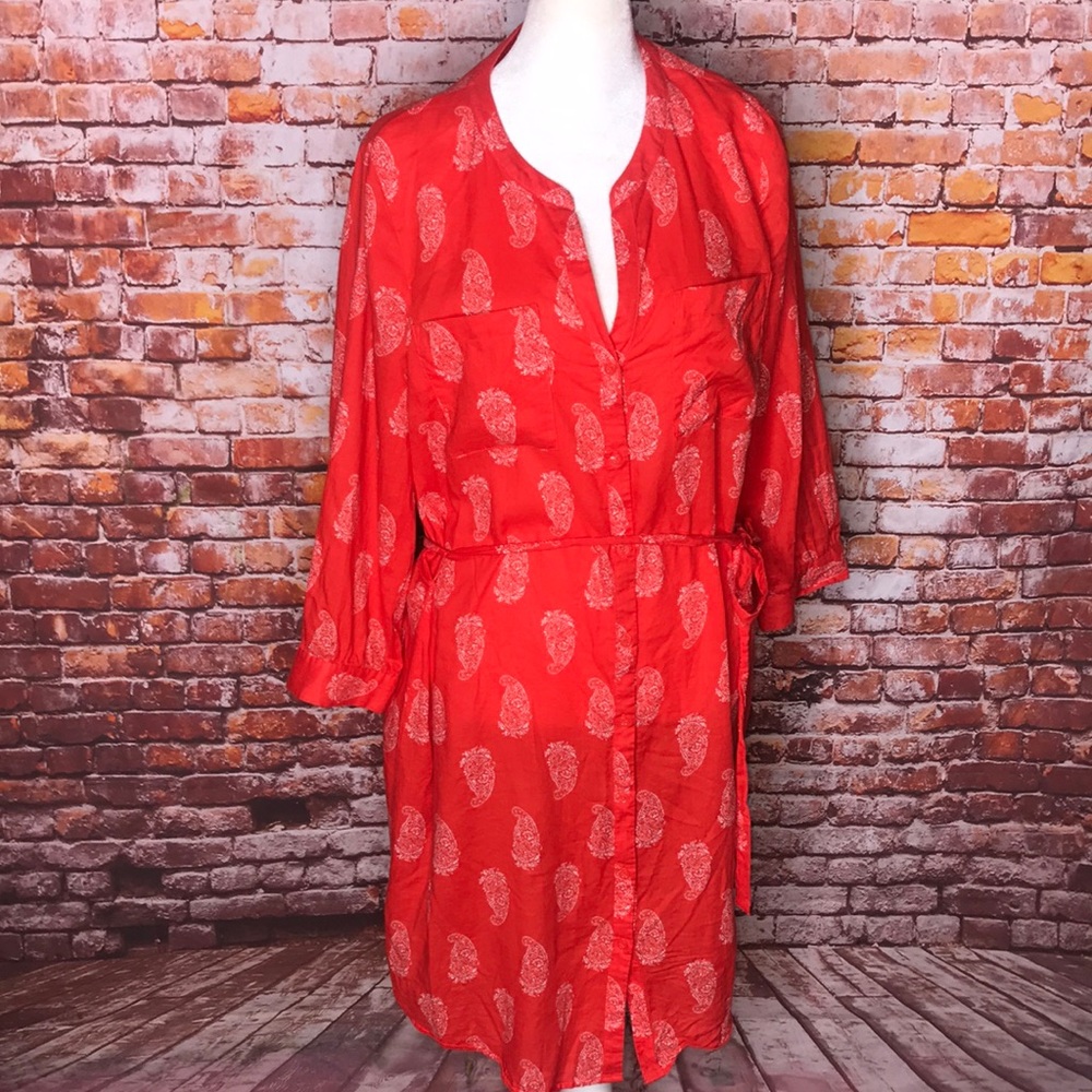 Old Navy Orange and White Paisley Lightweight Cotton Belted Shirt Dress - Picture 2 of 13